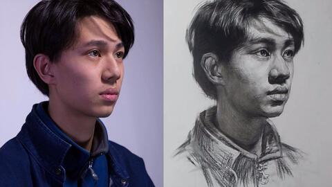 高級素描頭像--四分之三側向下看的男中年 北京華藝名畫室