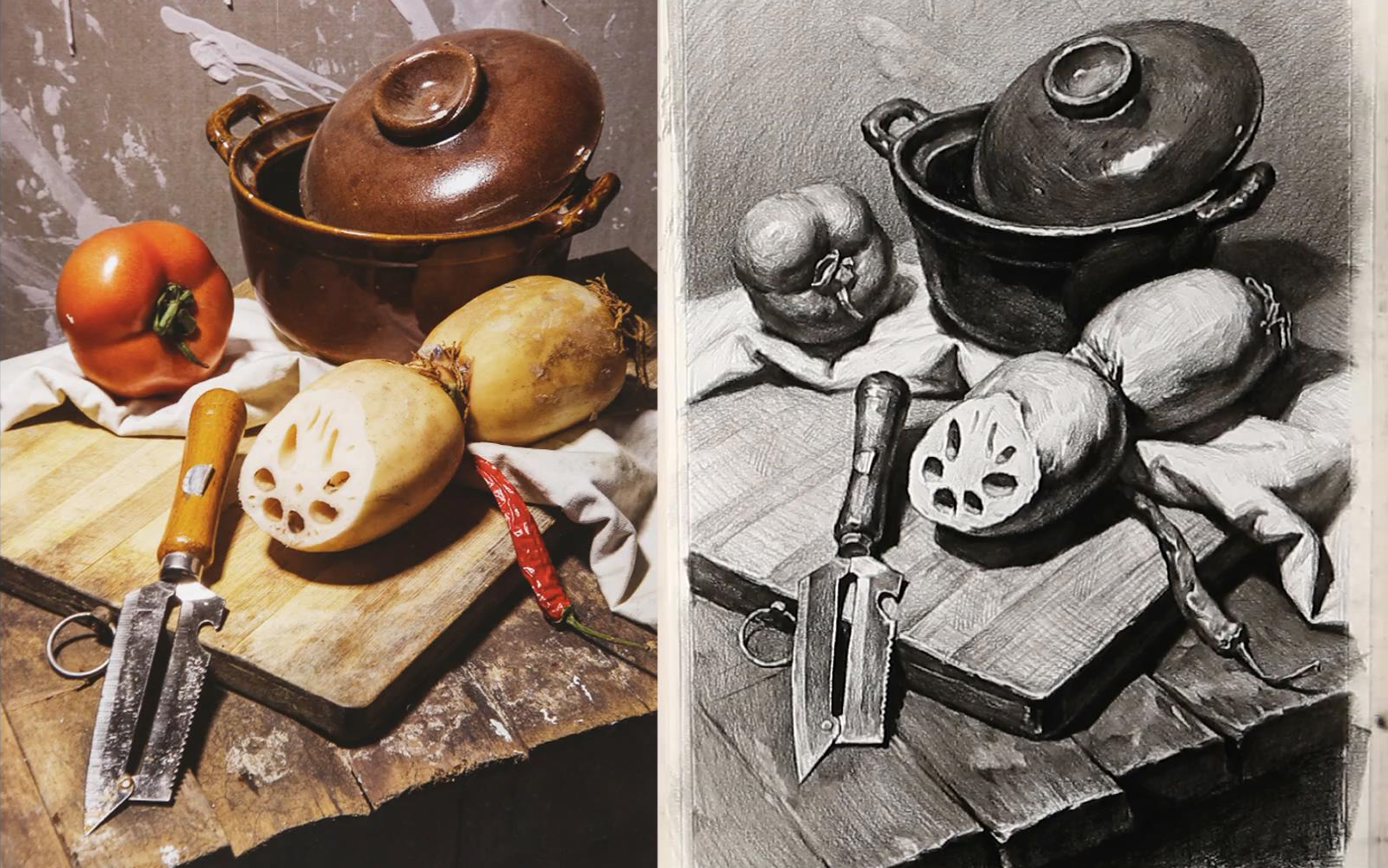 初級靜物組合陶瓷砂鍋藕柿子椒菜板 北京華藝名畫室_嗶哩嗶.